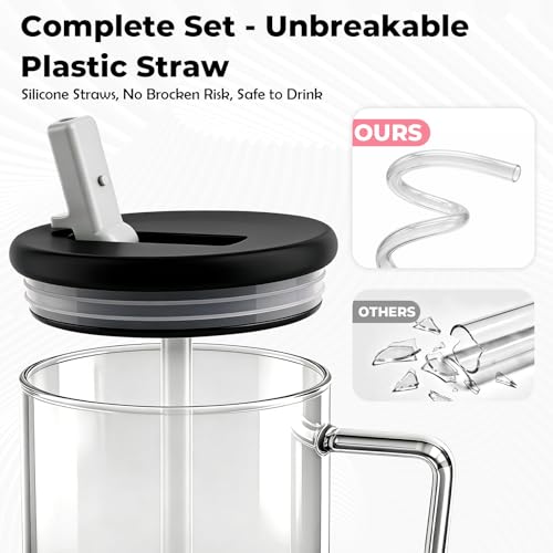 40oz Glass Tumbler with Flip Straw Lid, Handle, Silicone Sleeve, Black | Leakproof Lid, Fits Car Cup Holder Glass for Iced Coffee, Water, Cold Drinks, Travel, Outdoor, Partys&Home - color: Black
