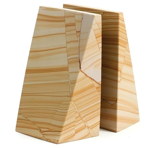 Bey-Berk Fraser Sand Marble Bookends (Natural), 4" x 2.5" x 6" Wedge Book Ends, 6.25 lb Solid Stone Shelf and Desk Decor - color: Tan