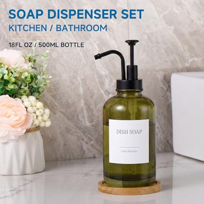 Glass Soap Dispenser with Upgrade Pump, Hand and Dish Soap Dispenser for Bathroom Kitchen, Soap Dispenser Set with 9 Stickers Funnel Bamboo Tray 500ml 18oz Green - color: Olive Green