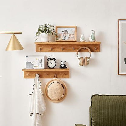 Oak Wood Coat Rack Wall Mount With Shelf 20 Inch Long, 5 Hooks, Floating Entryway Wall Shelf for Bathroom, Hallway, Living Room - size: 20 Inch