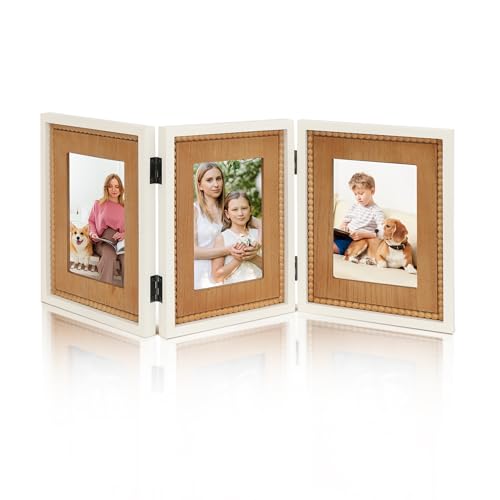 RiteSune Rustic 3 Picture Frame 4X6, Triple Hinged Photo Frames with Beads for Tabletop Display, Vintage Picture College Frame for Present - color: White Boho 4×6