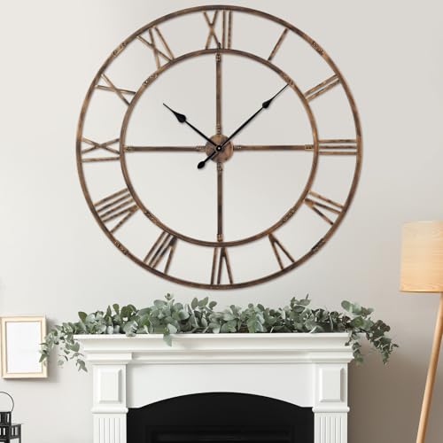40in Large Silent Wall Clock, Easy Assembly Roman Numeral Bronze | Non-ticking metal farmhouse wall clock, easy assembly, oversized living room decorative decor - color: Bronze Metal Wall Clock, size: 40inch