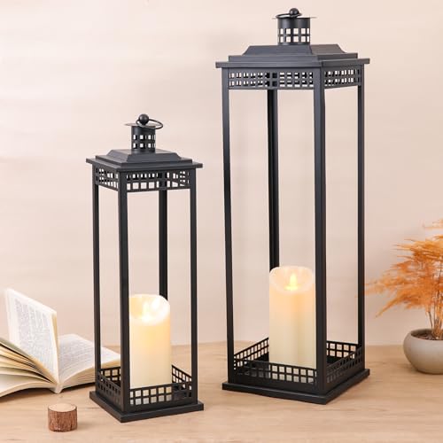 Decorative Candle Lanterns Set of 2, Black Metal for Indoor & Outdoor | Perfect for Patios, Porches, Entryways & Gardens, Hanging or Floor Use, Black Metal Home Decor, Glass-free safety design - size: 23in and 17in