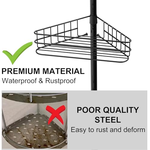 Garvee Corner Shower Caddy Tension Pole, 76 in-110 in Adjustable Bathroom Organizer Shelves, 4-Tier Rustproof Bathroom Shelves with Built-In Towel Bars to Space-Saving, Black | Adjustable Bathroom Shelf Organizer, Rust-Resistant Floor to Ceiling Storage R