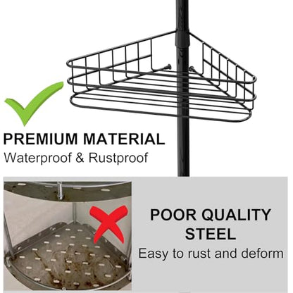 Garvee Corner Shower Caddy Tension Pole, 76 in-110 in Adjustable Bathroom Organizer Shelves, 4-Tier Rustproof Bathroom Shelves with Built-In Towel Bars to Space-Saving, Black | Adjustable Bathroom Shelf Organizer, Rust-Resistant Floor to Ceiling Storage R