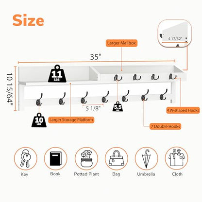 AMBIRD 35 inch Coat Rack Wall Mount, Extra Long Coat Hooks Wall Mount, Entryway Shelf with 7 Dual Coat Hooks 4 Key Hooks Mail Organizer, Wooden Wall Coat Rack with Hooks, Key Holder Rack (White) - color: White, size: 35" L