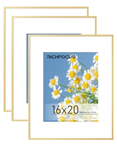 RICHFOCUS 16x20 Frame Set of 3 Gold|16 x 20 Picture Frame with Mat for 11x14|Metal Aluminum 20x16 Picture Frames for Wall with Tempered Glass Hanging Hardwares Included - color: Gold, size: 16x20-3P-Tempered Glass