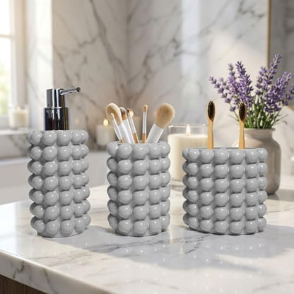 Better Trends Bathroom Accessories Set 3 Pieces Resin Bubble Textured Soap Dispenser, Toothbrush Holder & Tumbler for Vanity, Kitchen Sink & Countertop Organization Gray Nova Collection - color: Gray