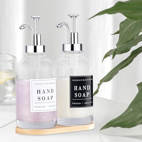 Dish and Hand Soap Dispenser, Set of 2 * 16.9oz | Glass Soap Dispenser with Pump,Tray,Funnel,500ML Countertop Soap and Lotion Dispenser for Kitchen, Bathroom Set - color: Ks-5010-34y-2s