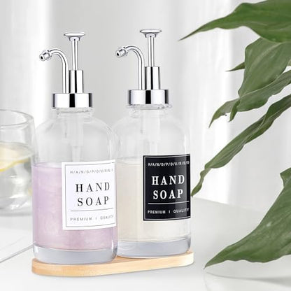 Dish and Hand Soap Dispenser, Set of 2 * 16.9oz | Glass Soap Dispenser with Pump,Tray,Funnel,500ML Countertop Soap and Lotion Dispenser for Kitchen, Bathroom Set - color: Ks-5010-34y-2s