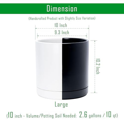 D'vine Dev 10 Inch Ceramic Planter Pot, Black White Split, 94-O-E-0 | Modern Cylinder Design, Drainage Hole & Saucer Included, Stable Structure, Elegant Home Accent - color: Split Monochrome Black & White, size: Large