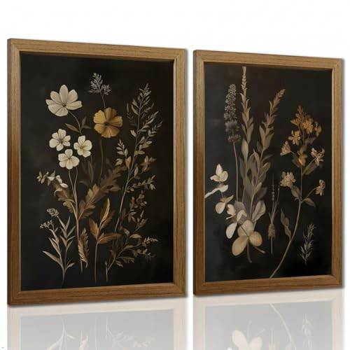 Botanical Wall Art Set of 2 Framed Canvas 12x16, Vintage Dark Floral Plant Prints with Solid Wood Frame, Moody Farmhouse Wall Decor for Bedroom Living Room Bathroom - color: heihua, size: 16"L x 12"W