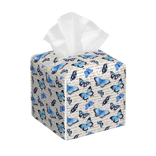 Vintage Blue Butterfly Tissue Box Cover Square, Tissue Box Holder with Bottom Belt Leather Facial Paper Organizer Dispenser for Bathroom Bedroom Dresser Night Stand Tabletop - color: Vintage Blue Butterfly