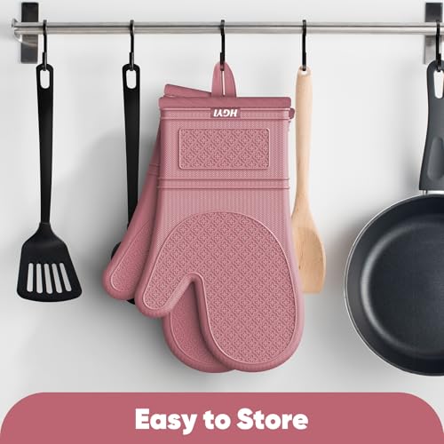 Silicone Oven Mitts, Heat Resistant Oven Gloves with Quilted Liner, Waterproof & Non-Slip Kitchen Mittens for Baking Cooking BBQ, 500°F, 12.5"-Rose Pink - color: Rose Pink