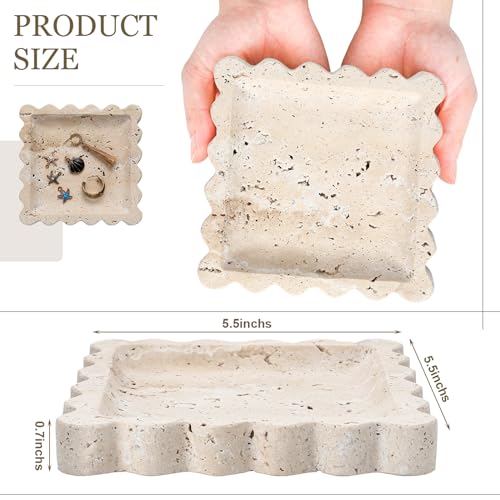 5.5 Inch Small Travertine Stone Tray Marble Jewelry Dish Trinket Tray for Women, Perfume, Coffee Table(Square,Scallop) - style: Square，Scallop