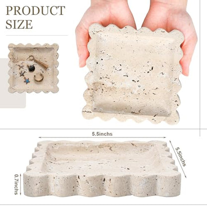 5.5 Inch Small Travertine Stone Tray Marble Jewelry Dish Trinket Tray for Women, Perfume, Coffee Table(Square,Scallop) - style: Square，Scallop