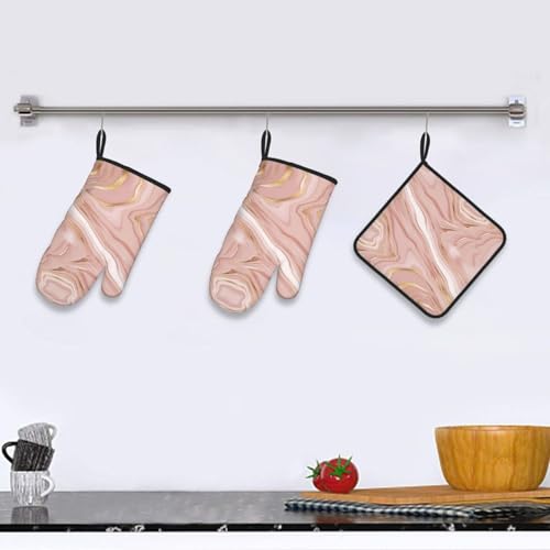 Pink Golden Marble Oven Mitts and Pot Holders Sets of 3 | Heat Resistant Hot Pads Rose Pink Modern Oven Gloves For Kitchen Cooking Bbq Baking - color: Pink Gold