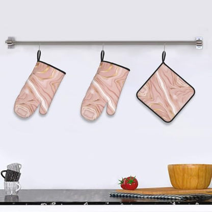 Pink Golden Marble Oven Mitts and Pot Holders Sets of 3 | Heat Resistant Hot Pads Rose Pink Modern Oven Gloves For Kitchen Cooking Bbq Baking - color: Pink Gold