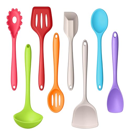 LIANYU Colorful Kitchen Cooking Utensils Set, 8Pcs Silicone Utensils Set | Heat Resistant Cooking Gadgets for Nonstick Cookware, Include Silicone Spoon, Turner, Spatula, Ladle, Multi-Color - color: Multicolor