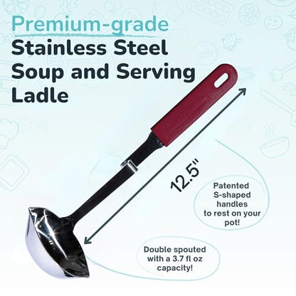 Souper Cubes Soup Ladle Stainless Steel with Patented Pot Hook, Cranberry | Durable Stainless Steel Ladle Hooks to Your Pot to Help Prevent Drips and Keep Counters and Stovetop Clean - color: Cranberry, size: Ladle 1-Pack