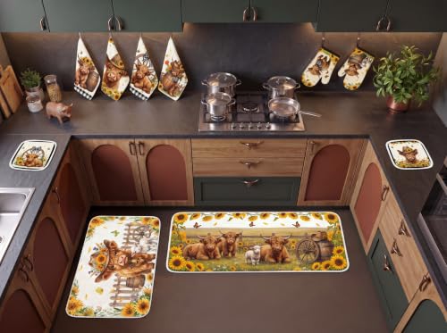 10PCS Highland Cow Kitchen Decor Set, Sunflower Towels Pot Holders Oven Mitts Mats for Home Baking Gifts