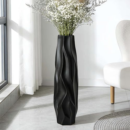 Black Tall Ceramic Floor Vase, 24 Inch, Pleated Wave Design | Matte Finish, Living Room, Fireplace, Entryway, Pampas Grass - size: 24 Inch