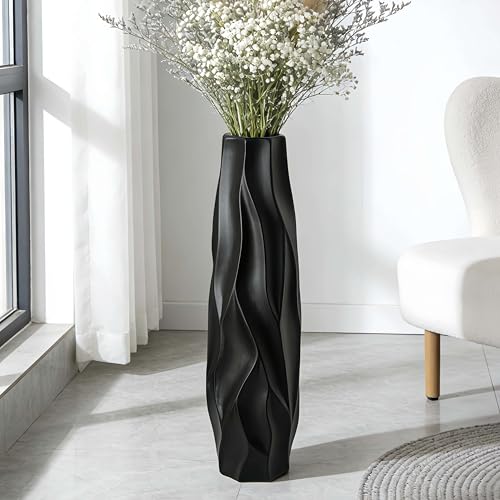 Black Tall Ceramic Floor Vase, 24 Inch, Pleated Wave Design | Matte Finish, Living Room, Fireplace, Entryway, Pampas Grass - size: 24 Inch