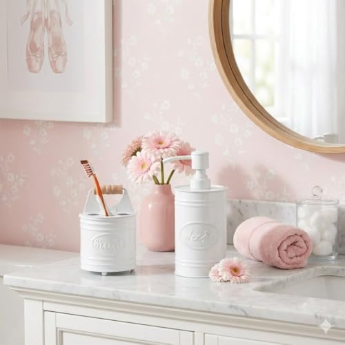 Autumn Alley Kids Bathroom Accessories Set – 2-Piece White Soap Dispenser & Toothbrush Holder, Farmhouse Bathroom Countertop Organizer for Kids, Durable Metal Bathroom Set with Wood Handle - color: White