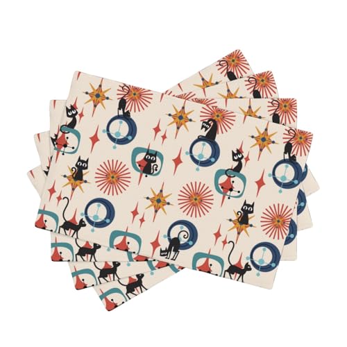 Mid Century Black Cat Modern Placemats Set of 4,Kitchen Table Mats for Dining Outdoor Home Decor 12x18 Retro Place Mats 4 PCS, Style-17 - color: Style-17, size: 12"X18"|4 PCS