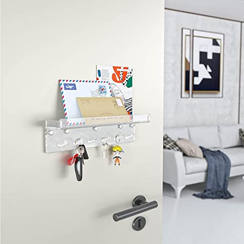 YUEHUA Magnetic Key Holder for Refrigerator, Acrylic Wall Mounted Key Rack with Mail Organizer for Home, Adhesive Key & Mail Holder Hanger - 6 Hooks (Clear)