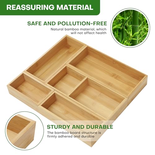 MapleGrace Bamboo Drawer Organizer Set, Individual Wood Storage Organizers | 5 PCS Multi-Use Junk Drawer Divider, Storage Trays Containers for Kitchen, Bathroom, Office Desk, Makeup, Jewelry, Utensils - size: 5