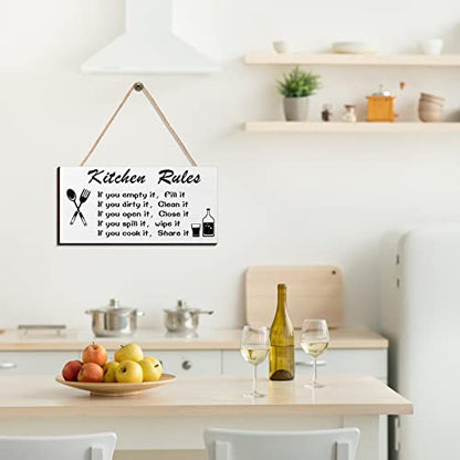 2 Pcs Kitchen Rules Wall Decor Farmhouse Kitchen Sign Wooden Dining Room Decor Black and White Hanging for Rustic Modern Bathroom