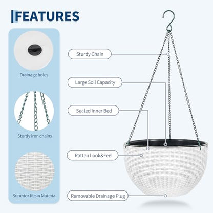 13.8 Inch Self Watering Hanging Planter, 2PCS Round Resin Hanging Basket for Indoor Outdoor Plants, Rattan Look Flower Pot with Drainage Plug, Deep Inner Pot and Sturdy Metal Triple-Chain Hanger - color: White