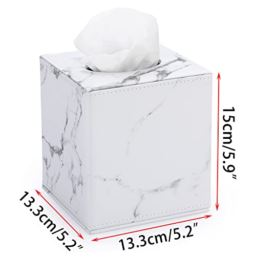 Sumnacon Square Leather Tissue Box Cover - Stylish Cube Tissue Box Holder with Magnetic Bottom, Decorative PU Tissue Box for Vanity Dresser Night Stand Table Countertop Home Office Car, Marble White | Cube Leather Tissue Box Covers,Decorative Tissue Box f