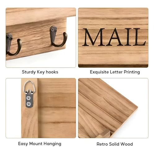 Tefola Wall Mount Mail Organizer with Key Hooks - Wooden Mail and Key Organizer, Letter Holder with 3 Hooks for Entryway Bedroom, 10.6 x 13.6 inches