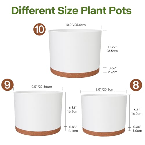 3 Pack Cylinder Planter Set 10/9/8 Inch White Indoor Plant Pots | Modern flower pots with drainage holes and saucers. For outdoor garden, succulent, nursery, and house plants. - color: White-brown