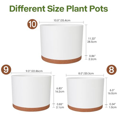 3 Pack Cylinder Planter Set 10/9/8 Inch White Indoor Plant Pots | Modern flower pots with drainage holes and saucers. For outdoor garden, succulent, nursery, and house plants. - color: White-brown