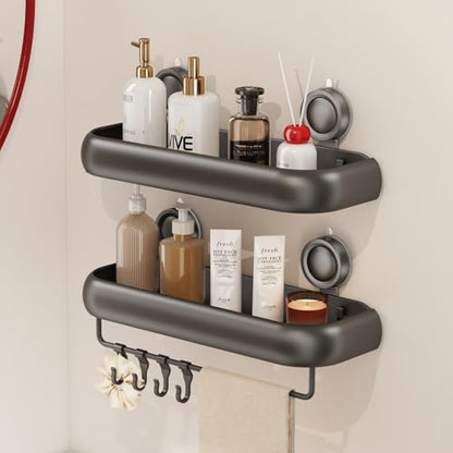 CICUFY Shower Caddy Suction Cup, 2 Pack No Drilling Corner Shower Shelves, Rust Proof Bathroom Storage Organizer, Shower Corner Caddy with Removable Hooks and Towel Bar, Square, Grey - style: Square Gray (2 Pack )