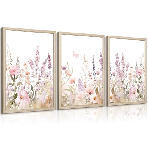 Nursery Girl Floral Wall Art Watercolor Wildflower Canvas Wall Decor Pruple Pink Flower Pictures Nursery Floral Art Prints Girl Room Wildflower Poster for Bedroom Bathroom 12x16 Inch Wood Framed 3Pcs - color: Purple Bouquets Art, size: 12''x16'' Framed