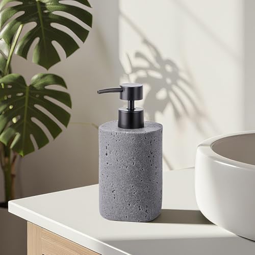 Clasin Home 2 Pack Gray Resin Soap Dispensers, Refillable Liquid Lotion Dispenser Bottles with Travertine-Look for Bathroom and Kitchen Countertop, Modern Stone Texture (10.8 oz) - color: Gray