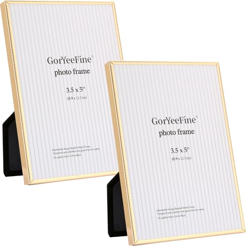 3.5x5 inch Gold Metal Picture Frames 2-Pack,Thin Edge Beading Minimalist Design Photo Frames 5x3.5'' with HD-Tempered Glass -Velvet Back,Tabletop & Wall Mount Frames - color: Gold, size: 3.5x5''(2PK)