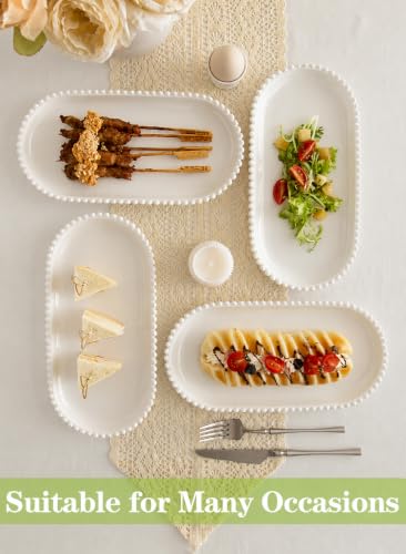 12 Inch Porcelain Serving Platters, White Ceramic Trays, Set of 6 | Oval Serving Plate with Beaded Edge, For Steak, Taco, Sushi, Appetizer, Cake, Dishwasher & Oven Safe