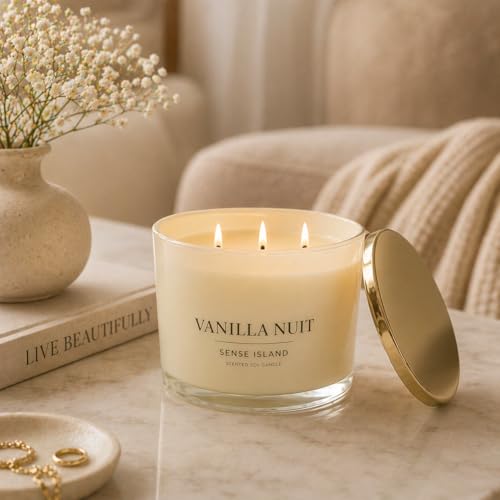 Luxury Vanilla Soy Candles, Large 3 Wick Jar Candle for Home | Up To 50 Hours Burn | 100% Natural Soy Wax, Beige Glass with Gold Lid, Luxury Gift for Women | Creamy Vanilla Scented