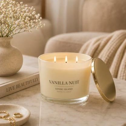 Luxury Vanilla Soy Candles, Large 3 Wick Jar Candle for Home | Up To 50 Hours Burn | 100% Natural Soy Wax, Beige Glass with Gold Lid, Luxury Gift for Women | Creamy Vanilla Scented