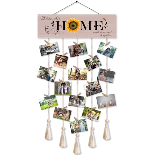 Bless This Home with Love and Laughter Hanging Photo Display Board with 16 Clips 5 Strings,Rustic Style Picture Collage Frames Wall Decor Wood Hanging for Home Décor,Housewarming Gifts - color: Bless This Home