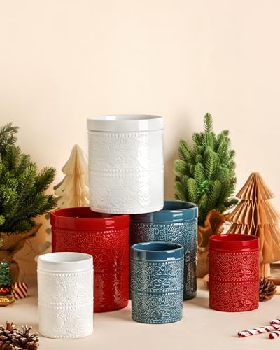 Kitchen Utensil Holder, 7.2+5.5" Super Large Utensil Crock Heavy and Stable Lace Emboss Ceramic Utensil Holder for Kitchen Counter(2Pcs Bright White) - color: 2Pcs Bright White