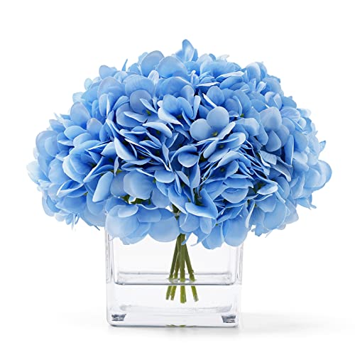 Silk Blue Artificial Hydrangea in Vase with Faux Water, Silk Flower Arrangements in Vase for Home Decor, Wedding Table (Blue) - color: Blue