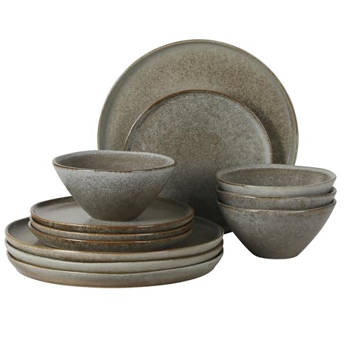 Gibson Elite Coastal Forest Plates and Bowls Sets, 12-Piece Stoneware Dinnerware Sets, Triple Reactive Glaze Dish Set - Slate Grey - color: Slate Grey (Coastal Forest), size: Service for 4 (12pcs)