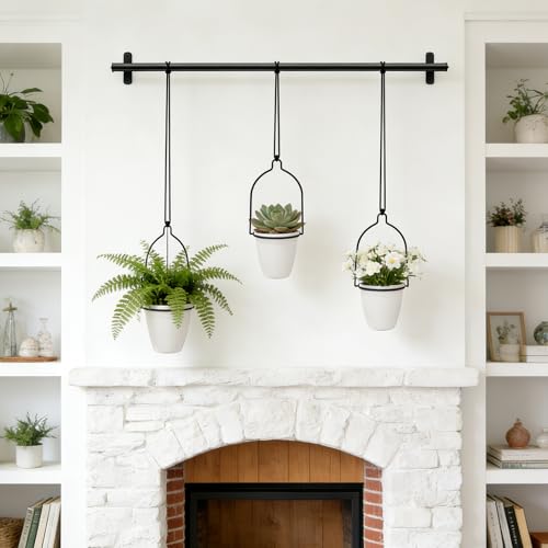 1 Adjustable-Width Hanging Plant Hanger Set Window Sill Hook-Mounted Plant Display Rack Set Indoor Herb Garden Plant Rack Includes 3 White Plant Pots Suitable for Windowsills, Ceilings, and Balconies