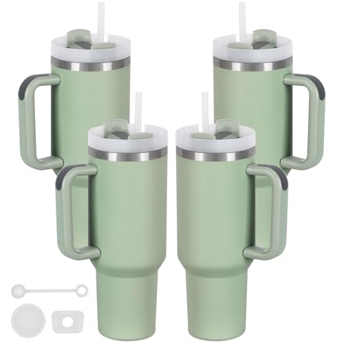 4 Pack 40 Oz Tumbler with Handle Bulk, Double Wall Vacuum Insulated Stainless Steel Tumbler with Lid and Straw, 40 oz cup with Silicone Spill Proof Stopper Set (Dark Green) - color: Dark Green